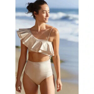 NWT Anthropologie Boamar Ruffled Cut Out One Piece Swimsuit Gold Shimmer